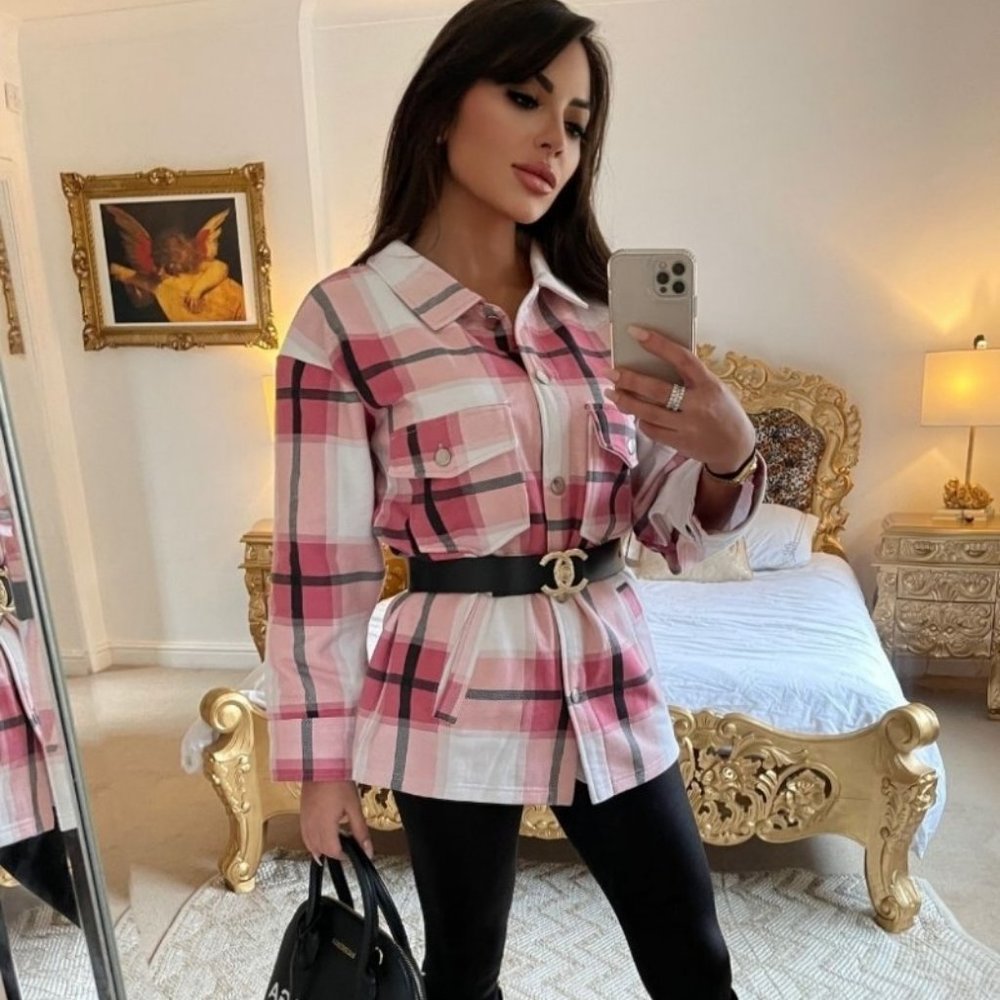 Pink Plaid Check Long Sleeve Loose Fit Shacket Shirt Jacket - Picture 7 of 12